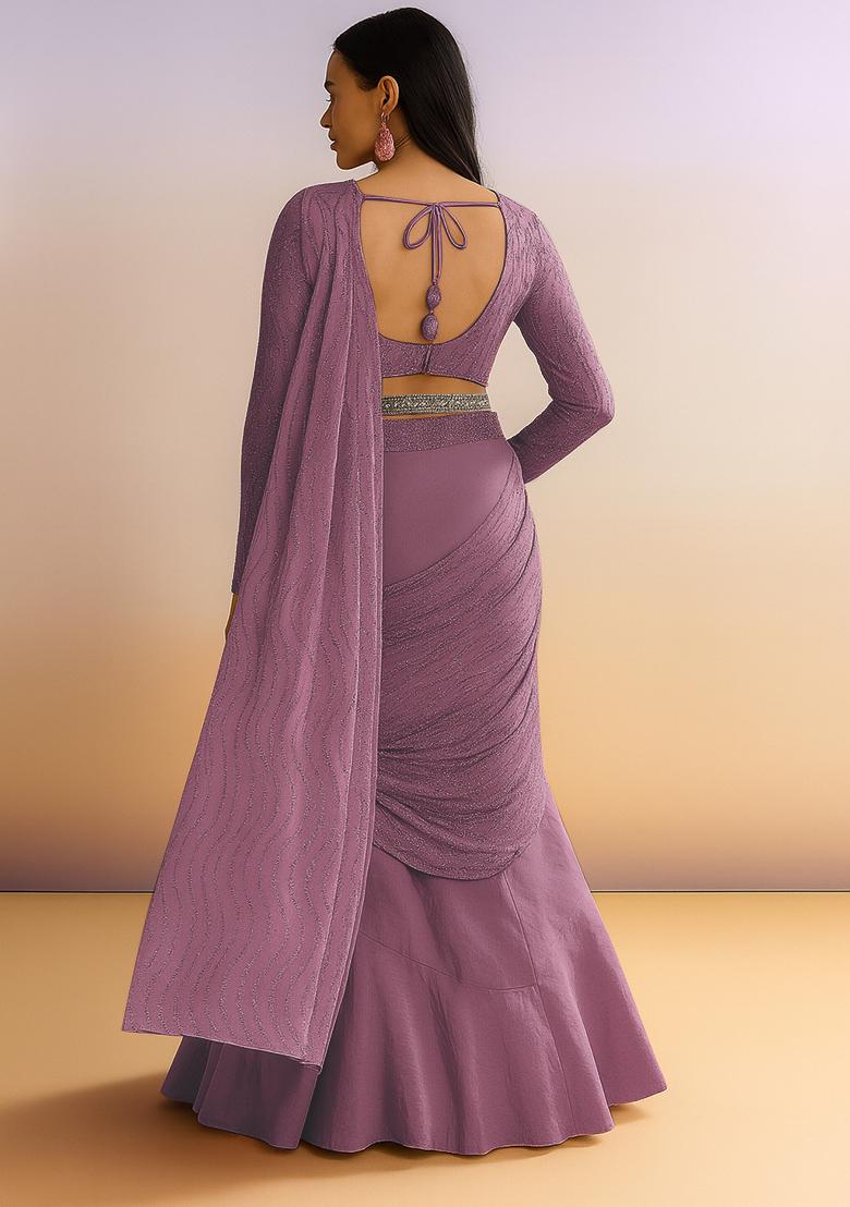 Mauve Embellished Net Saree set - Indya