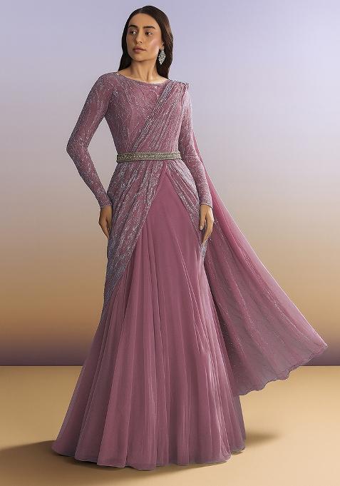 Mauve Embellished Net Pre Draped Saree Set