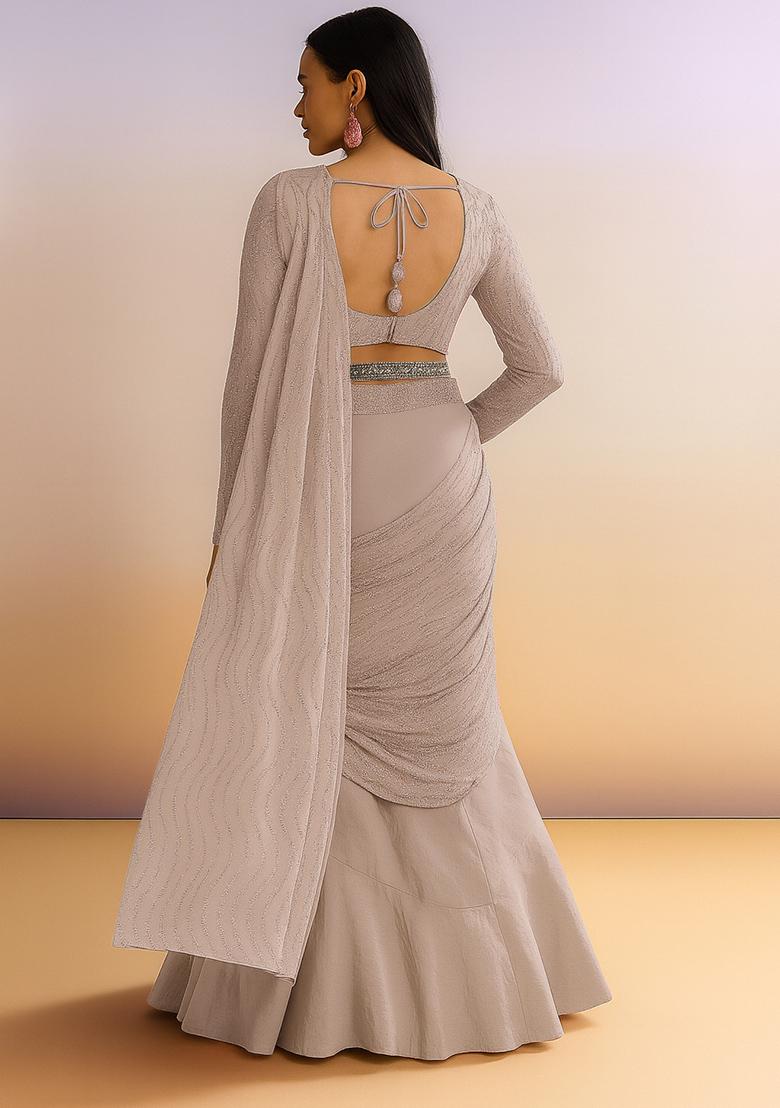 Beige Embellished Net Saree set - Indya