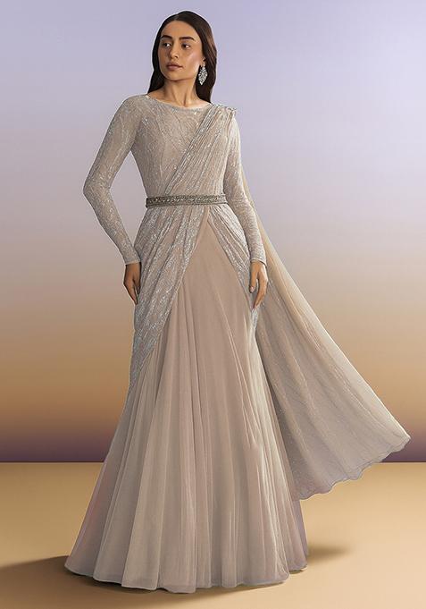 Beige Embellished Net Pre Draped Saree Set