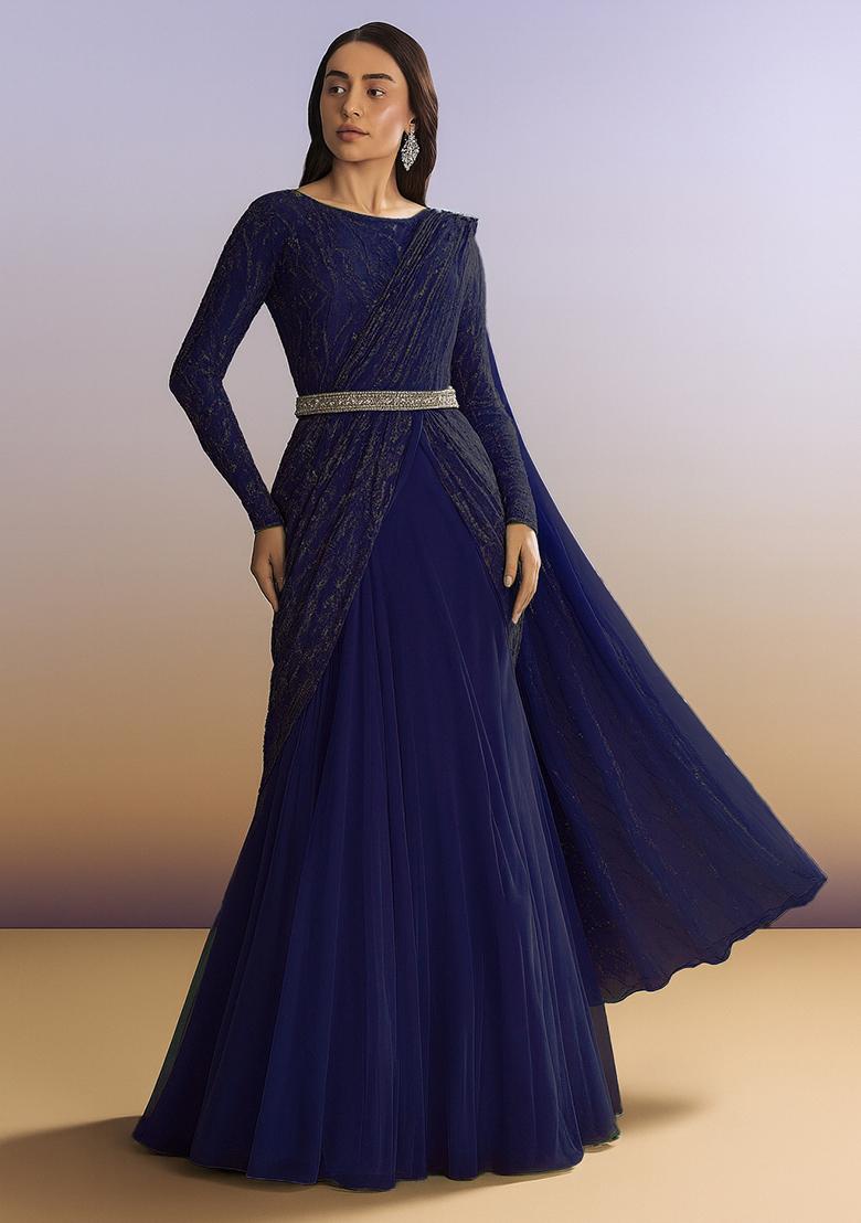 Navy Blue Embellished Net Pre Draped Saree Set