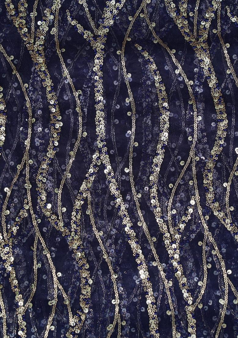 Navy Blue Embellished Net Pre Draped Saree Set