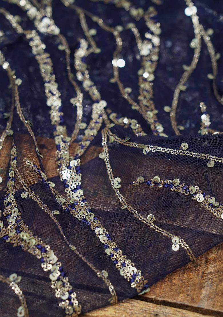 Navy Blue Embellished Net Pre Draped Saree Set