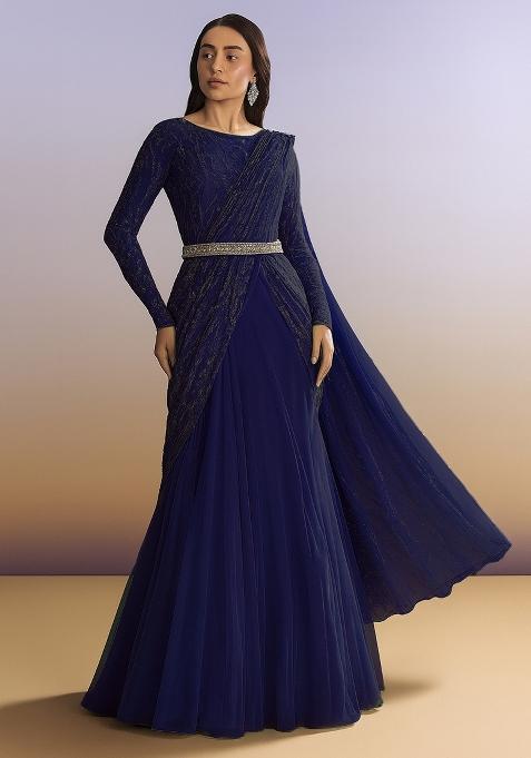 Navy Blue Embellished Net Pre Draped Saree Set