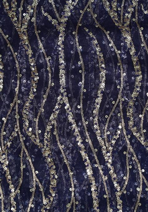 Navy Blue Embellished Net Pre Draped Saree Set