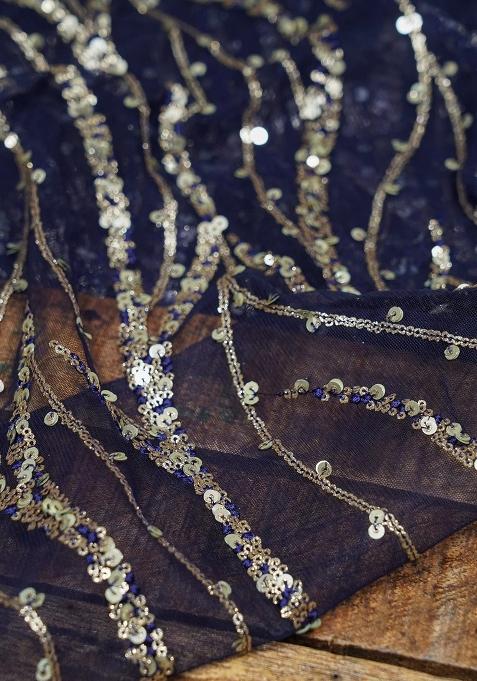 Navy Blue Embellished Net Pre Draped Saree Set