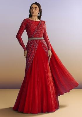 Red Embellished Net Pre Draped Saree Set