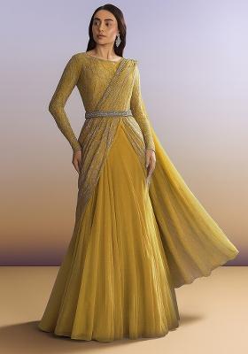 Yellow Embellished Net Saree set