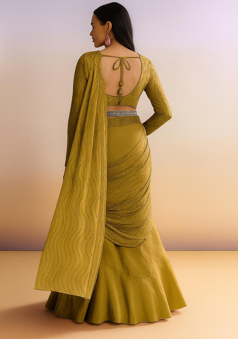 Yellow Embellished Net Saree set - Indya