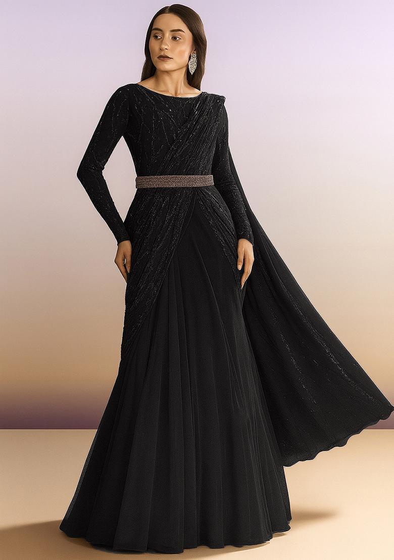 Black Embellished Net Pre Draped Saree Set
