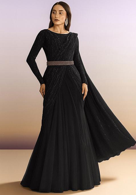 Black Embellished Net Pre Draped Saree Set