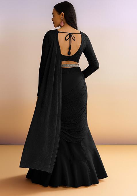 Black Embellished Net Pre Draped Saree Set