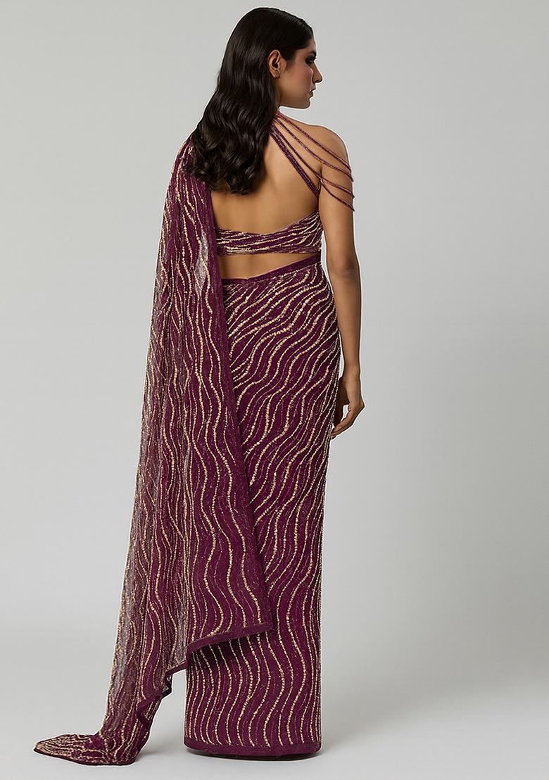 Purple Embellished Net Saree set - Indya