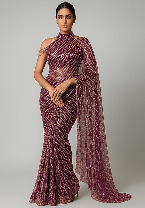Purple Embellished Net Pre Draped Saree Set