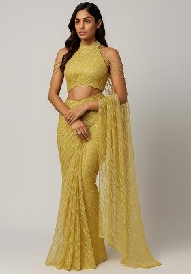 Yellow Embellished Net Saree set