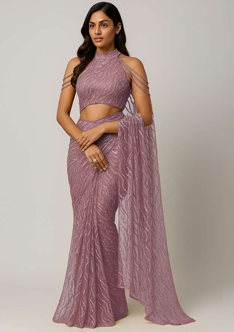 Mauve Embellished Net Pre Draped Saree Set - Indya