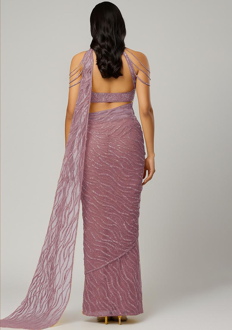 Mauve Embellished Net Saree set - Indya