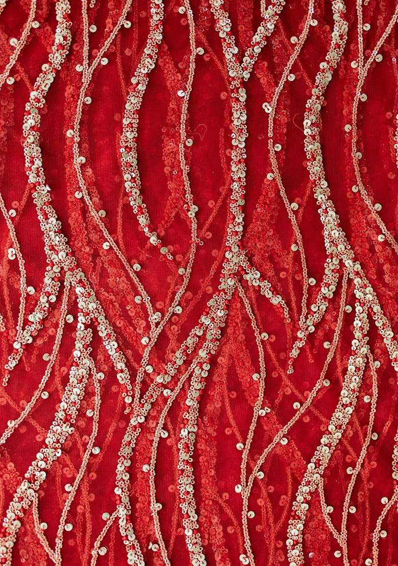 Red Sequin Embellished Net Saree set - Indya