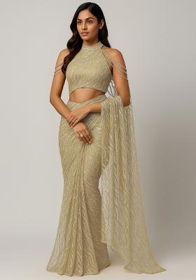 Beige Embellished Net Saree set
