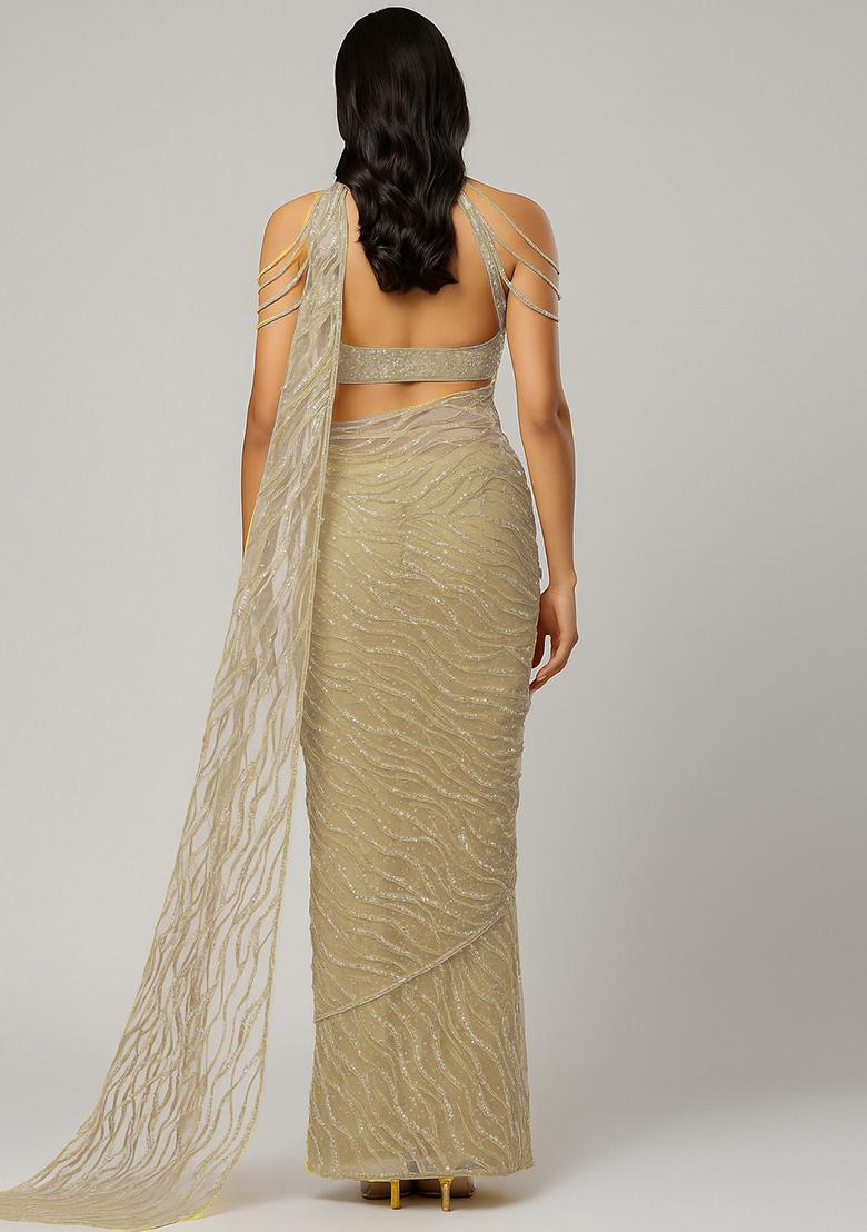Beige Embellished Net Saree set - Indya