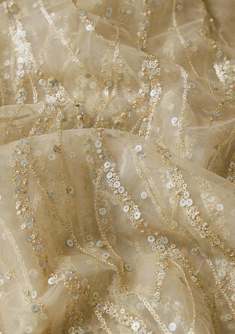 Beige Embellished Net Pre Draped Saree Set