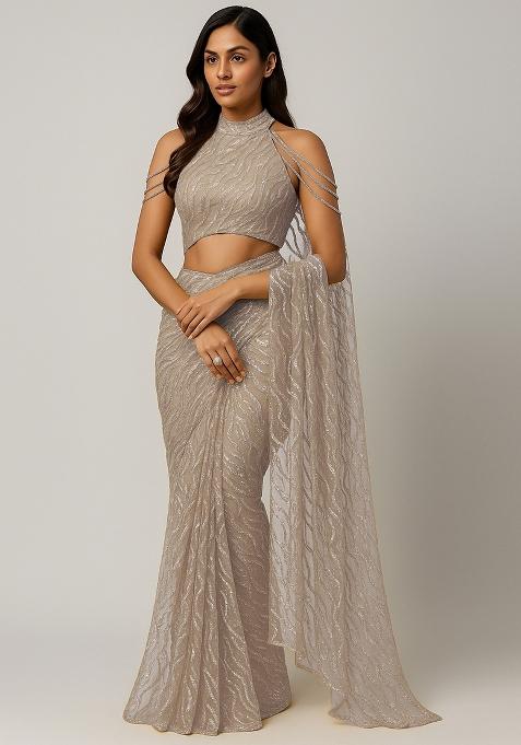 Beige Embellished Net Pre Draped Saree Set