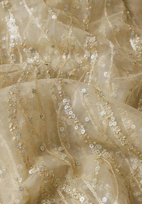 Beige Embellished Net Pre Draped Saree Set