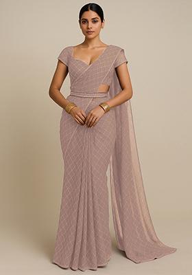 Beige Embroidered Organza Saree set