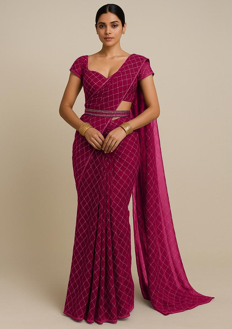 Fuchsia Pink Embroidered Organza Pre Draped Saree Set