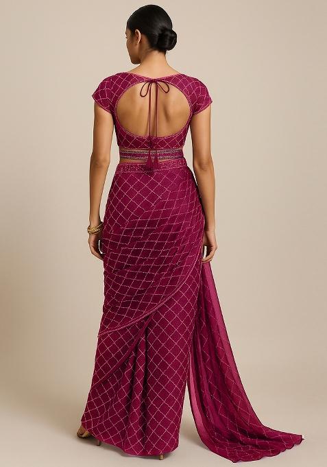 Fuchsia Pink Embroidered Organza Pre Draped Saree Set