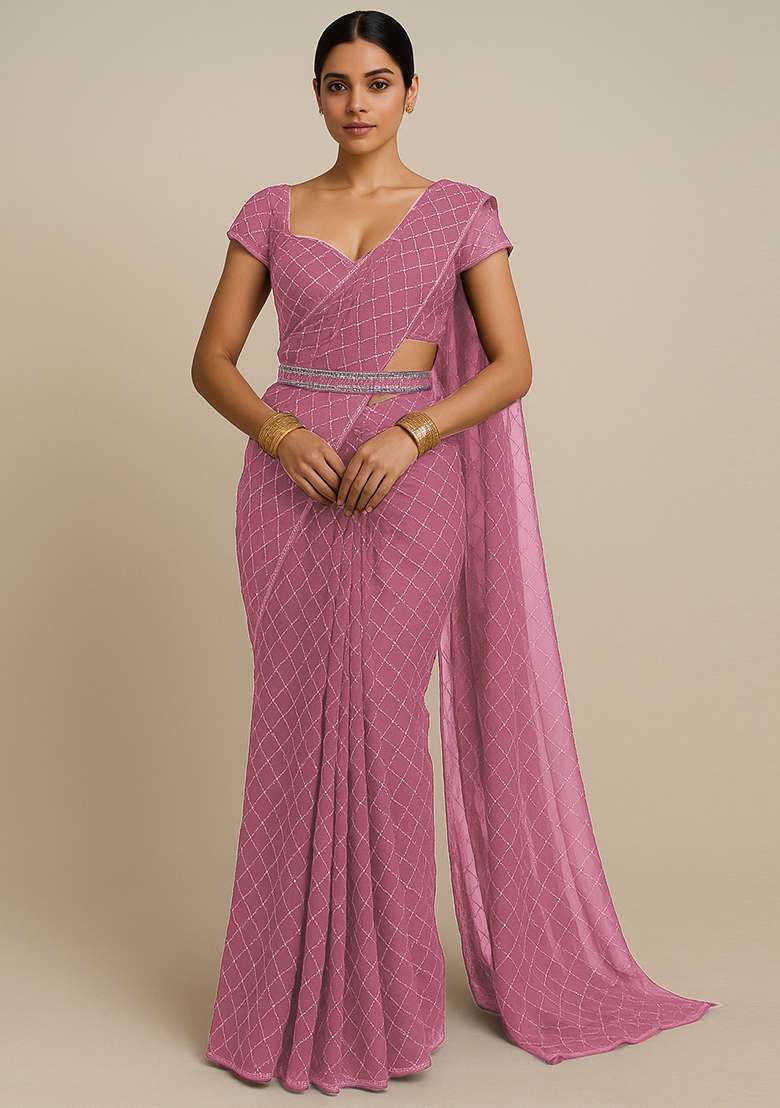 Gajri Pink Embroidered Organza Pre Draped Saree Set - Indya
