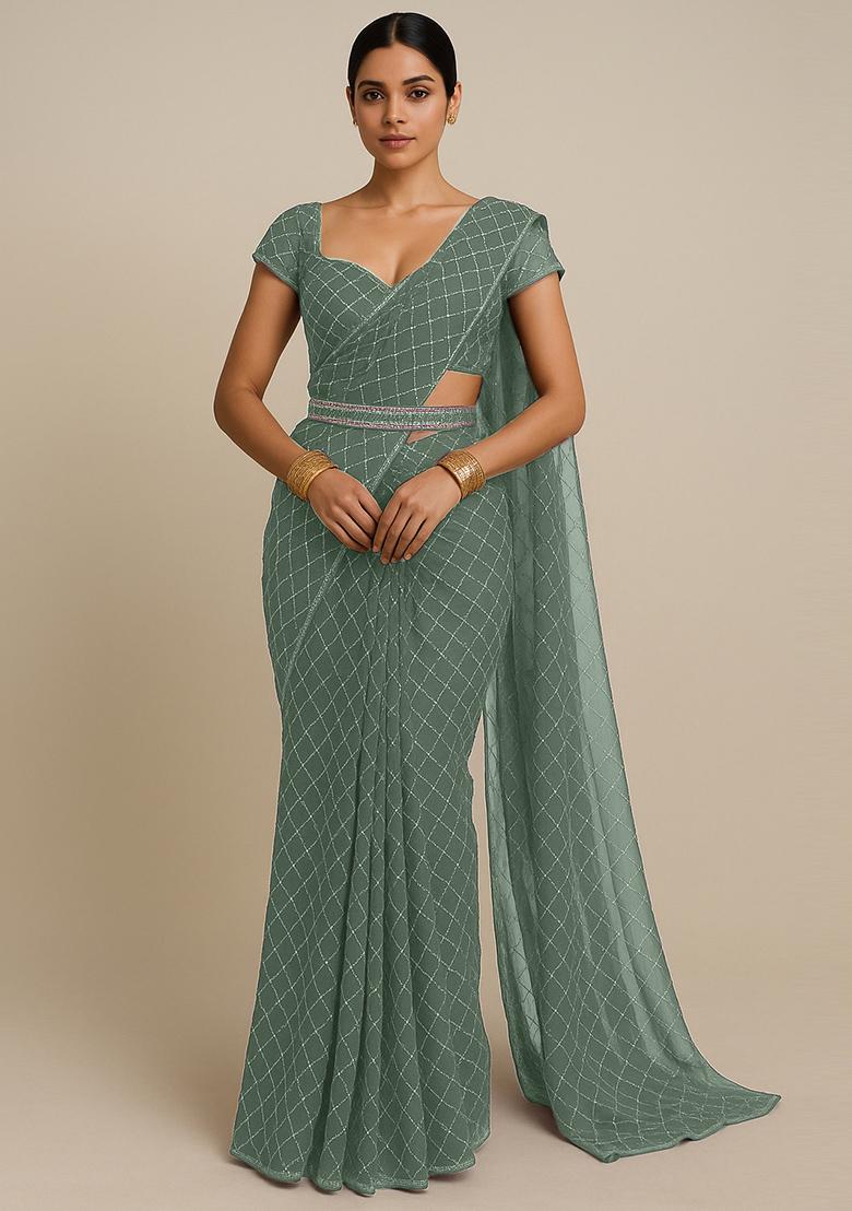 Olive Embroidered Organza Pre Draped Saree Set