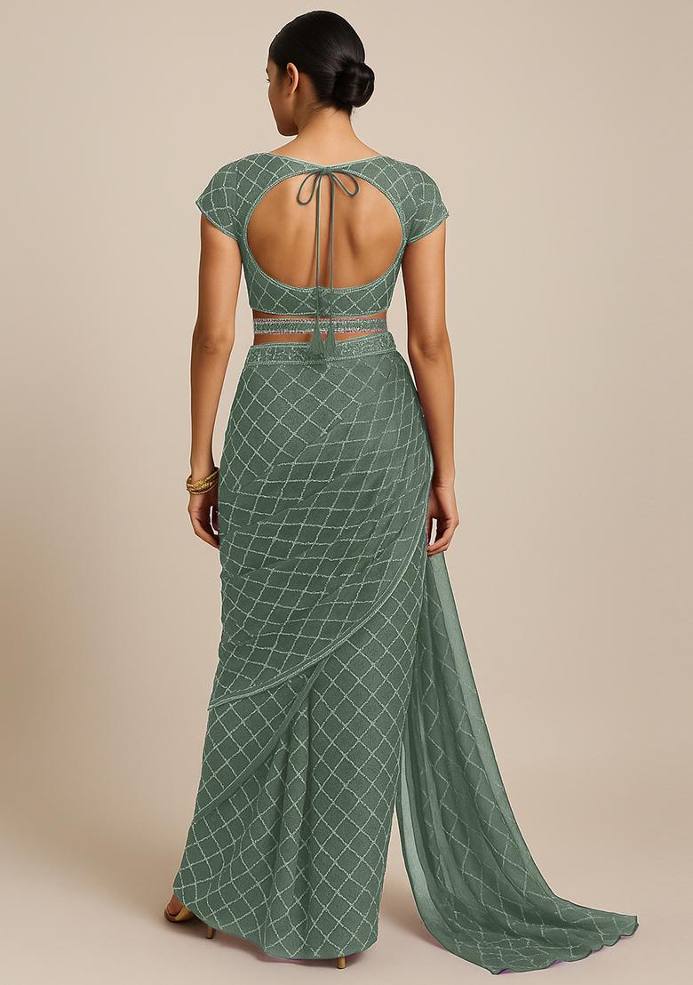 Olive Embroidered Organza Pre Draped Saree Set