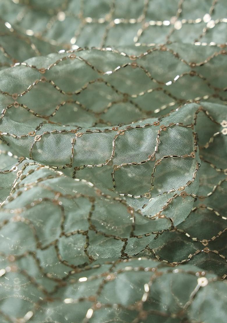 Olive Embroidered Organza Pre Draped Saree Set