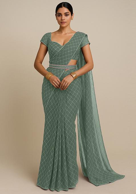 Olive Embroidered Organza Pre Draped Saree Set