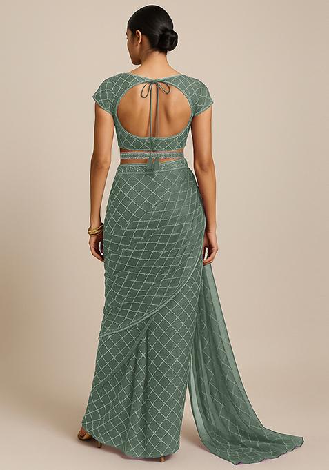 Olive Embroidered Organza Pre Draped Saree Set