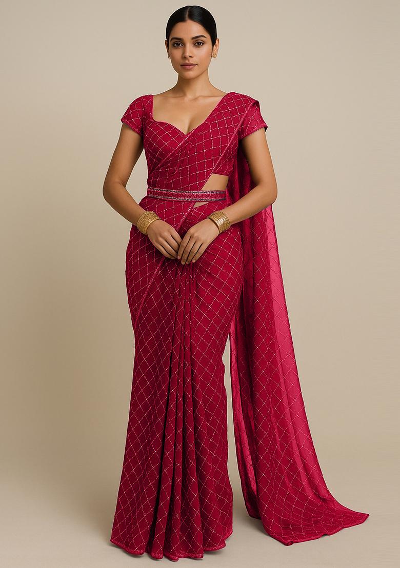 Red Embroidered Organza Pre Draped Saree Set