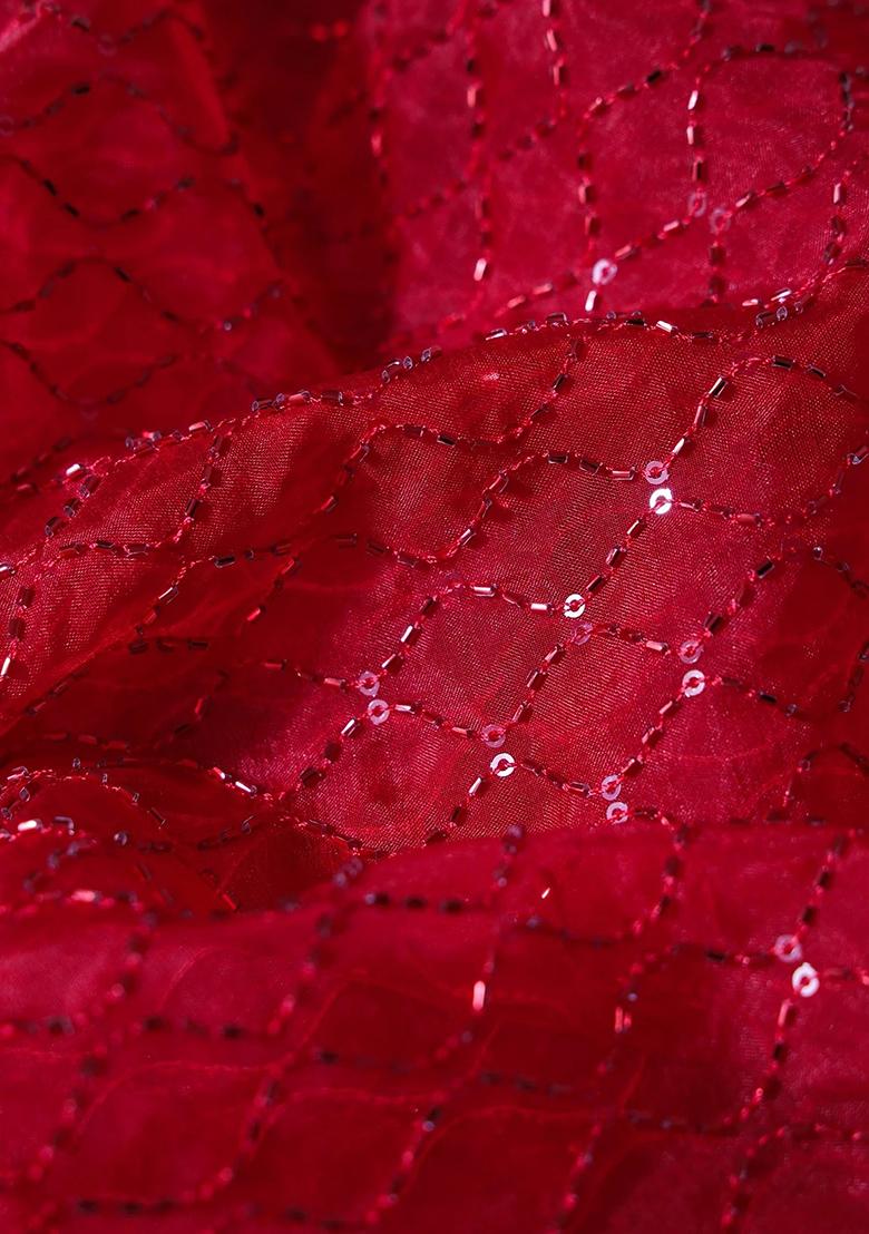 Red Embroidered Organza Pre Draped Saree Set