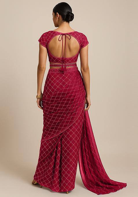 Red Embroidered Organza Pre Draped Saree Set