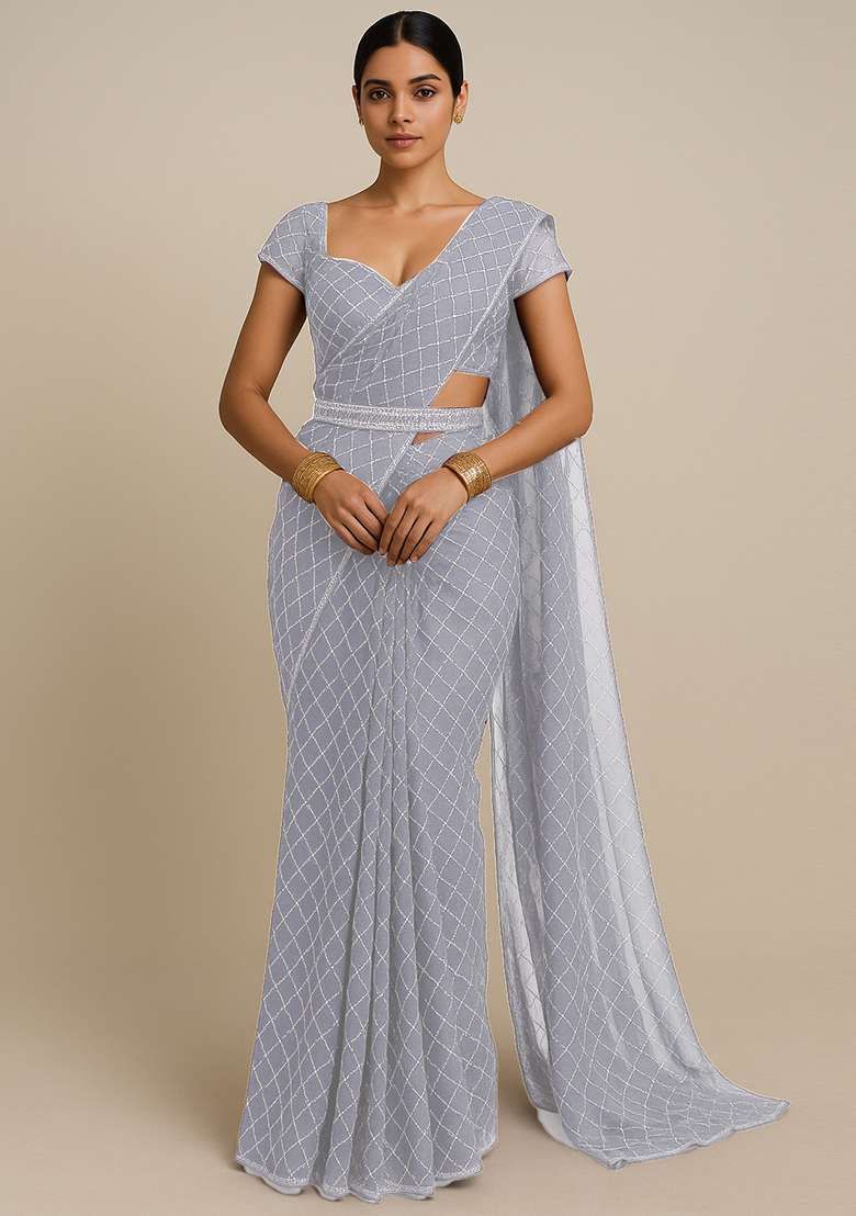 White Embroidered Organza Pre Draped Saree Set - Indya