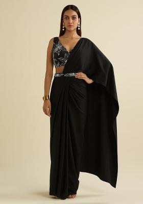 Black Embroidered Cotton Pre stitched saree set