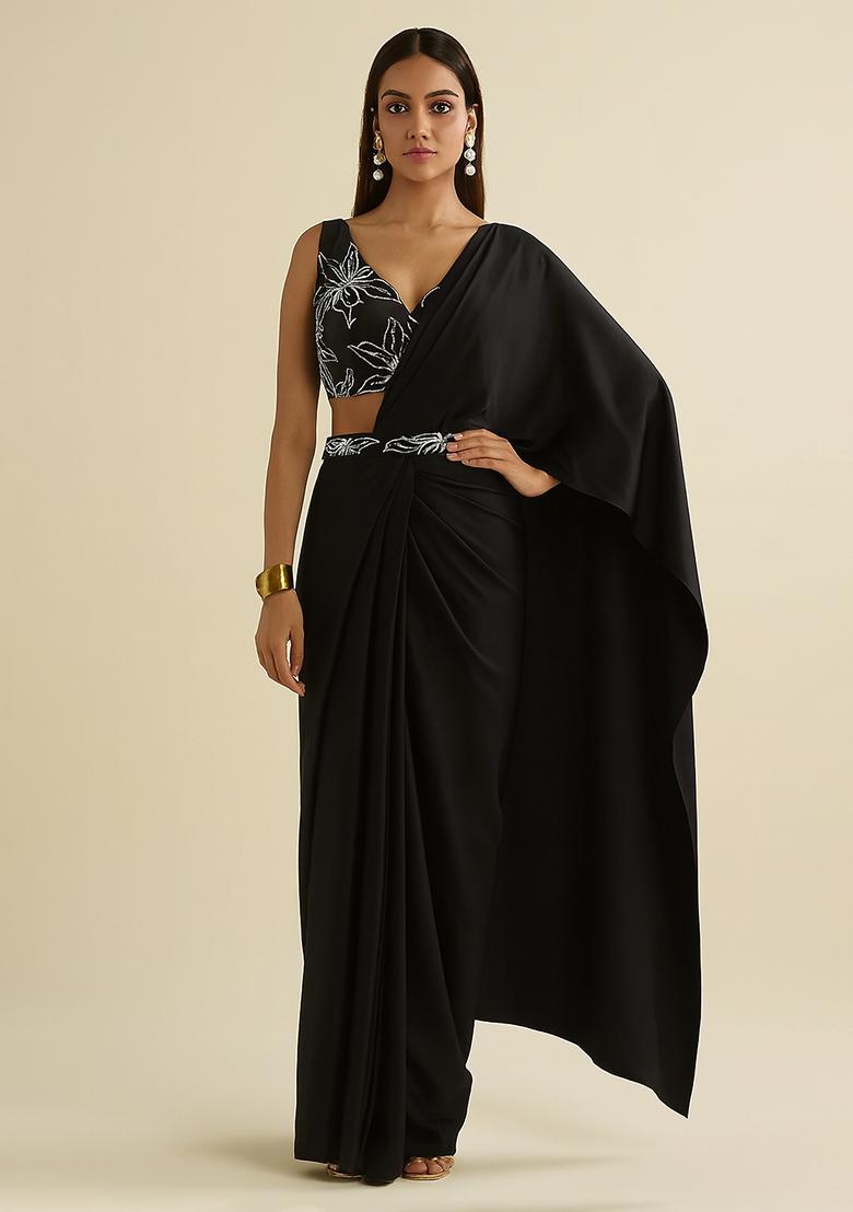 Black Embroidered Cotton Pre Draped saree set