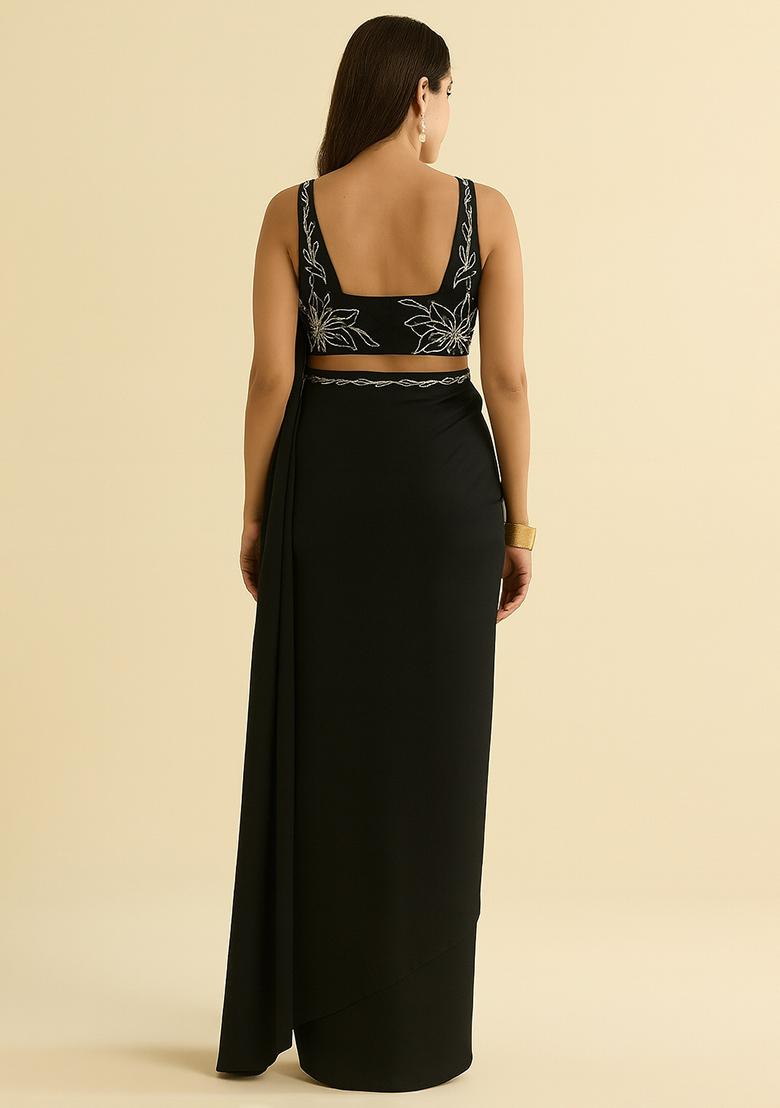 Black Embroidered Cotton Pre Draped saree set