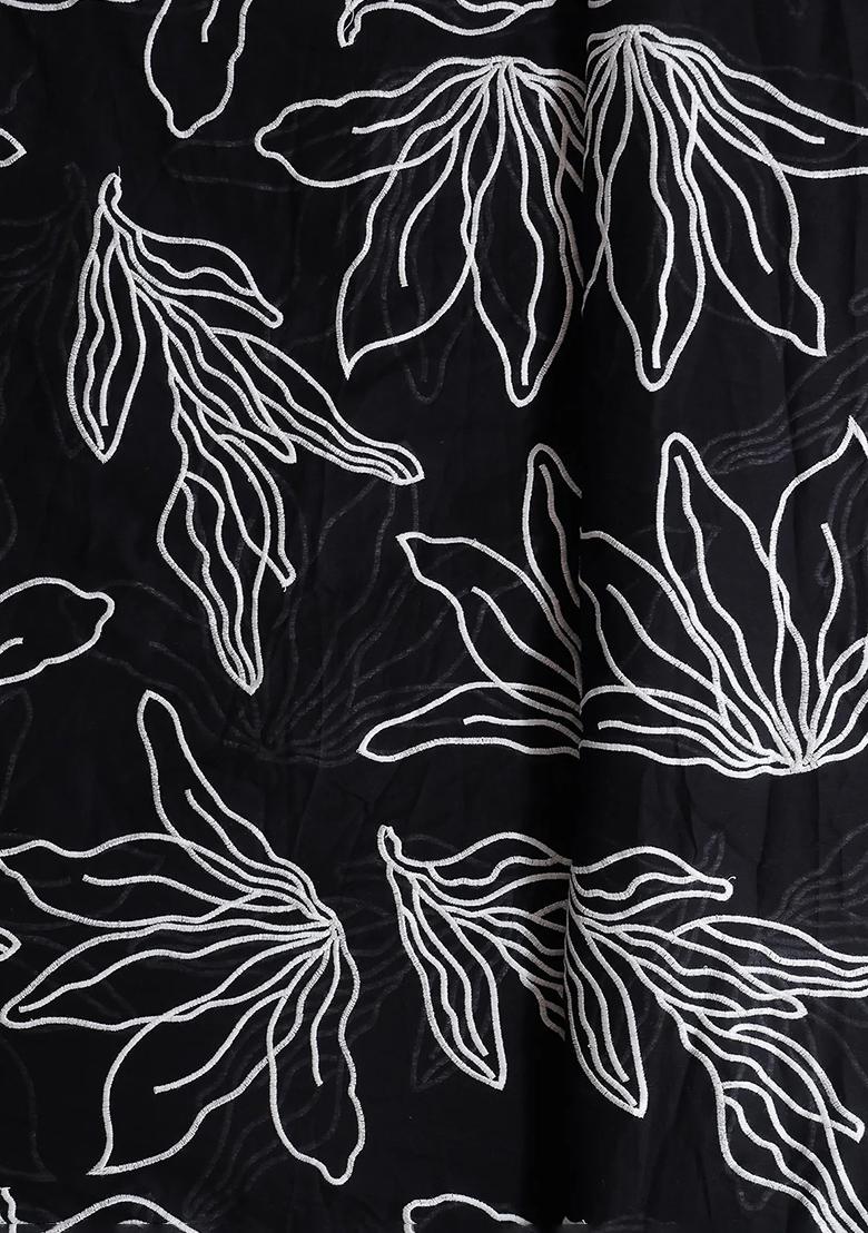 Black Embroidered Cotton Pre Draped saree set