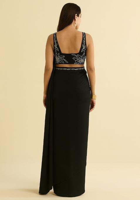 Black Embroidered Cotton Pre Draped saree set