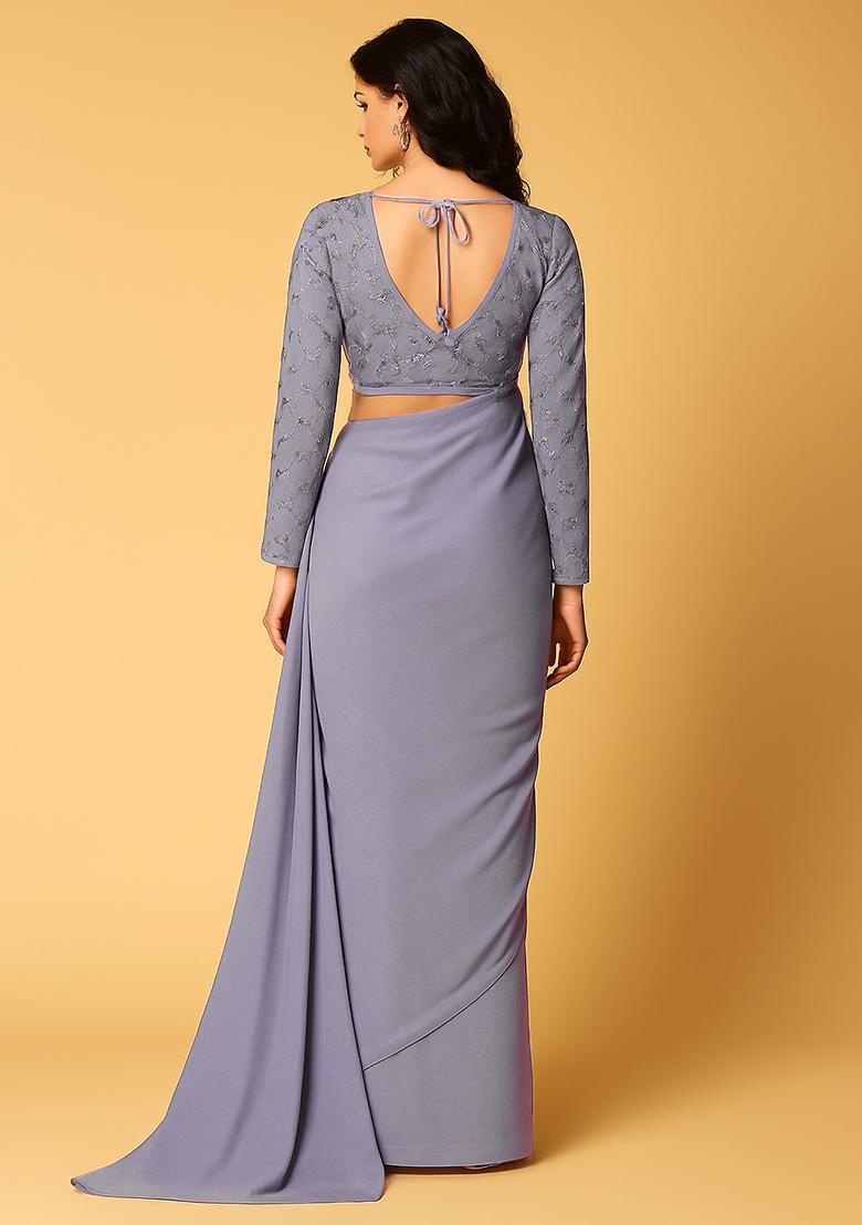 Grey Embroidered Cotton Silk Pre stitched saree set - Indya