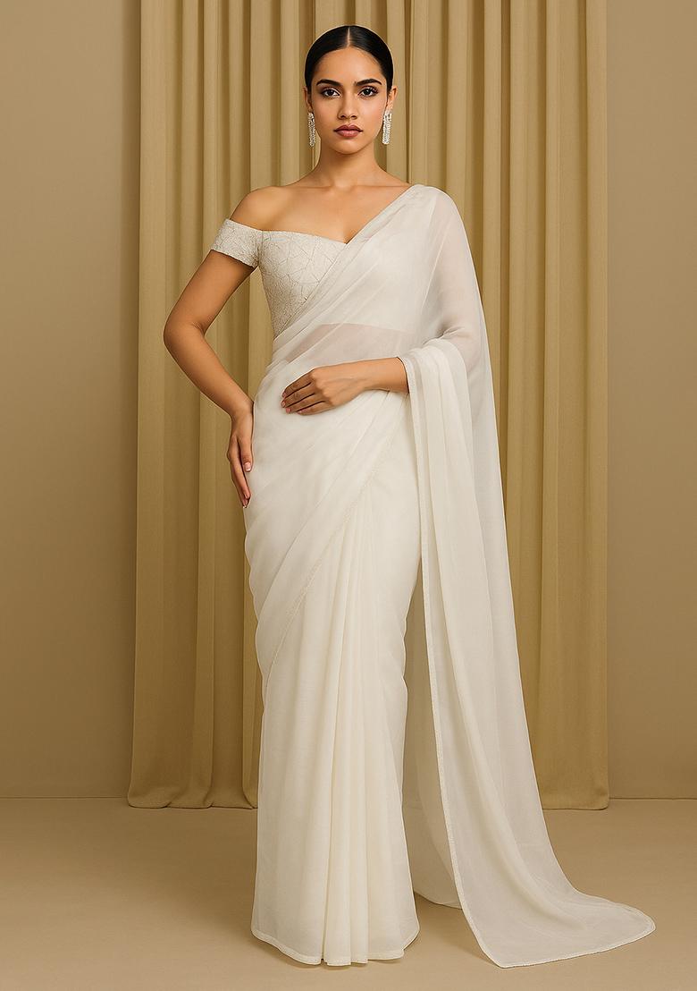 White Embellished Organza Pre Draped saree set