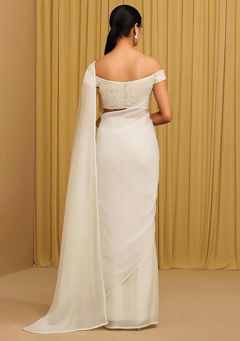 White Embellished Organza Pre stitched saree set - Indya