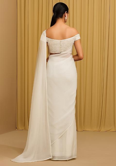 White Embellished Organza Pre Draped saree set