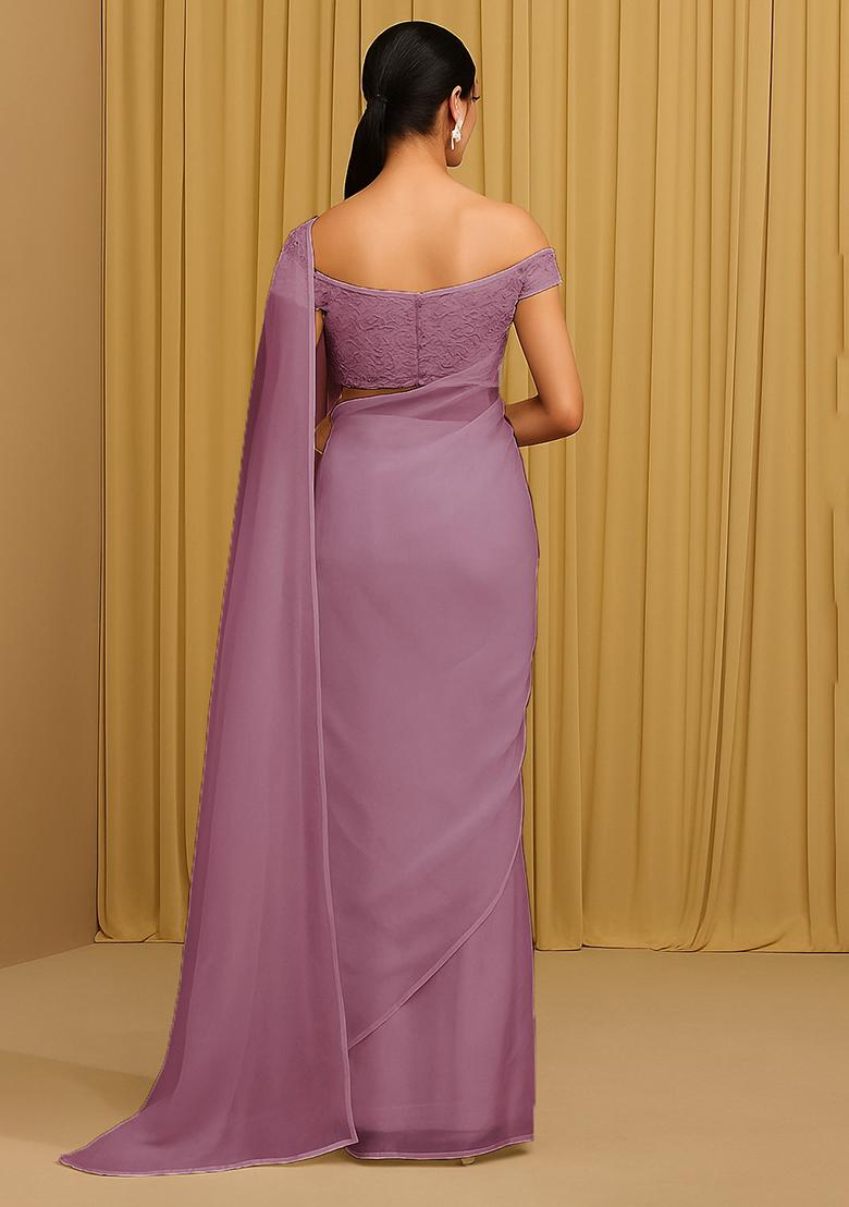 Purple Embellished Organza Pre stitched saree set - Indya